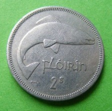 Irish 1965 Two Shilling Florin Coin Old Vintage Ireland Celtic Harp Salmon Fish