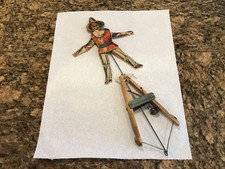 ANTIQUE GERMAN PULL STRING CLOWN JESTER JUMPING JACK LITHO PAPER ON WOOD  1913