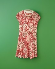 Vintage Silk Dress – Cream & Red Abstract Print – Size 12 – Retro Style
