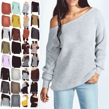 Womens Ladies Off The Shoulder Chunky Knitted Oversized Baggy Sweater Jumper Top