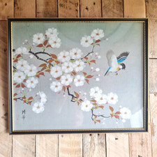 Vintage Boho Chic Chinese Silk Painting of Bird and Cherry Blossom 14.5" x 17.5"