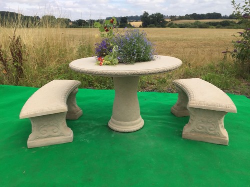 Cast stone table and benches - table,