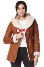 Ladies Sheepskin Jacket B3 Tan White Fur Classic REAL Shearling SHEEPSKIN NV 39