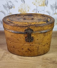 Vintage Large Metal Hat Box Painted Faux Oak Storage Rustic working Lock & Key