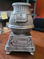 Vintage Banthrico Pot Belly Stove Metal Coin Bank. Silver. 