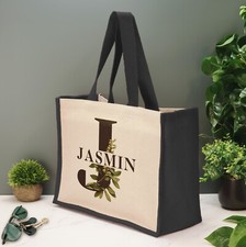 Personalised Monogram and Name Tote Bag Custom Large Jute Shopping Bag Flowers