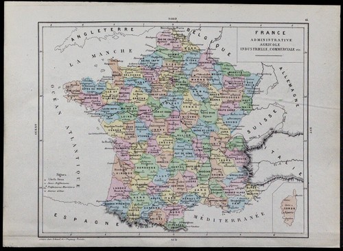 1867 antique map - of, france