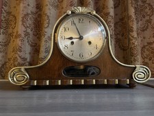 Vintage Wood Cased Mantel Clock, Gold Painted Detail, Bim/Bam Strikes GWO