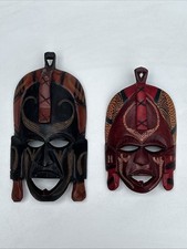 African Wood Mask Africa Tribal Boho Hand Carved in Kenya  Wall Deco Pair