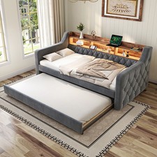 3FT Daybed w/ Pull Out Trundle 90x190cm Upholstered LED Sofa Single Bed Frames
