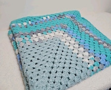 Hand Knitted Baby Blanket in Shades of Blue/Grey 77cm By 77cm Boy Cot Bed Gift