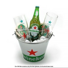Heineken Glass Gift Set - 2 Nucleated Silver Pint Glasses Ice Bucket 2 Beer Mats