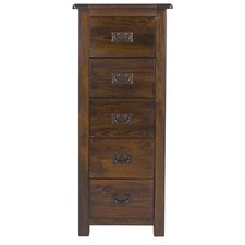 Dark Wood Chest of 5 Drawers Solid Pine Tallboy Metal Handles Lacquered Finish