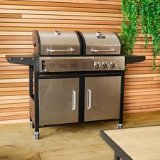 Charles Bentley Dual Burner Gas Grill & Charcoal Grill BBQ - Stainless Steel