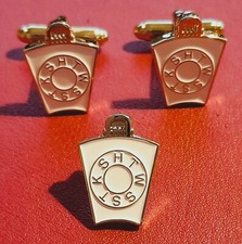 Set Masonic Mark Master Mason  Pin + Cufflinks Keystone Gilt/Enamel - 18 x 13 mm