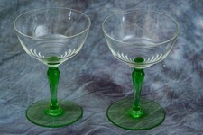 RARE! PAIR OF ART DECO COCKTAIL GLASSES - EMPIRE DESIGN - GREEN STEMS. PERFECT