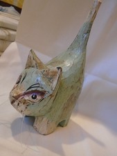 WOOD HAND CARVED CAT FIGURINE