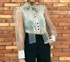 Zara Organza Blouse Cream Ivory Black Polka Dot Puff Sleeves Pussy Bow Tie XS
