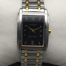 Orient Tank Watch Mens 25mm Gold Silver Tone Black Dial New Battery 7.25"