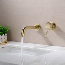 Brass Wall Mounted Swivel Spout Sink Faucet Basin Mixer Taps Brushed Gold UK 