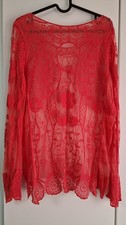 Coral red sheer embroidered lace long sleeve woman's tunic top shirt