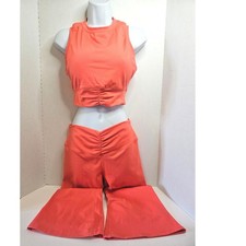 Mono B Coral Cropped Top & Flare Pants Set Athletic Lounge Activewear  SZ L