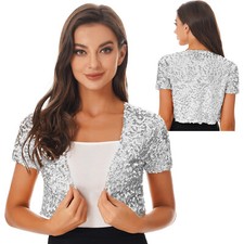Woman Sequin Shrug Short Sleeve Open Front Cropped Bolero Jacket Coat Cardigan 