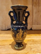 KE Vase Urn Greek Handmade 24k Gold & Black Ceramic Traditional Scene