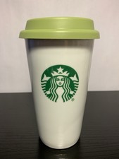 Starbucks Ceramic Travel Mug Tumbler Cup With Green Silicone Lid 10oz Siren Logo