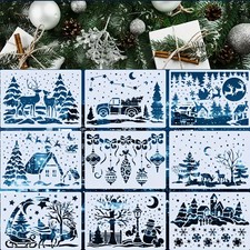 9pcs Reusable Plastic Templates, Christmas, Snow Stencils, DIY Wall Art Crafts