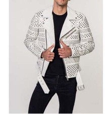 Handmade Mens Punk Style White Sliver Studded Brando Biker Leather Jacket