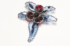 Vintage Blue Red Poured Glass AB Crystal Orchid Flower Brooch