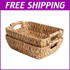 Rustic Water Hyacinth Baskets with Wooden Handles - Perfect for Any Room, 2-Pack