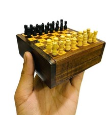 Handmade Wooden Mini Chess Board Game Set for Travel Wooden Storage Box