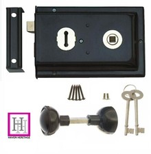 Rim Lock Set 6"x 4" Deadbolt Black, Brass, Chrome, Cast Iron Knobs / Handle