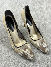 Vintage Y2K 00s Cream Embroidered Floral Point Toe Kitten Heel Shoes