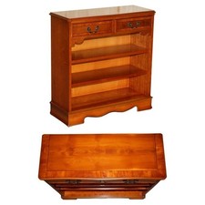 VINTAGE BURR YEW WOOD DWARF OPEN LIBRARY BOOKCASE WITH TWIN DRAWERS TO THE TOP