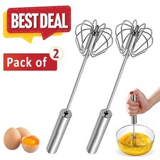 Set of 2 Hand Push Self Turning Egg Beater Stainless Steel Rotary Whisk Mixer