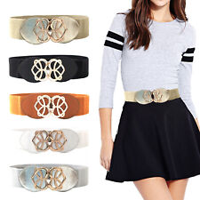 Womens Ladies Waist Belt Wide Elastic Band Fashion Waistband Gold Heart Buckle