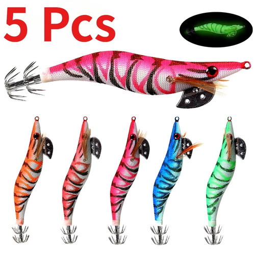 5pcs luminous squid jigs - luminous, hook