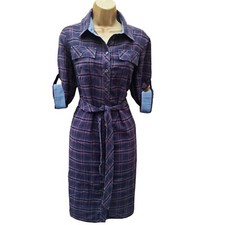 UK 10 Karen Millen Cotton  Denim Navy Check Trench Military Utility Shirt Dress