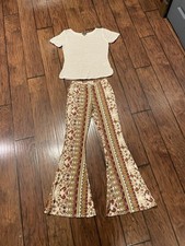 Eddie Bauer Sweater Large & Bear Dance Bell Bottom Pants Small BOHO Hippie Women