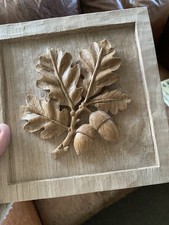 Hand Carved Oak Plaque With Acorns And Leaves Wall Decor