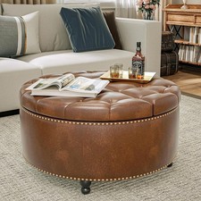 31.5 Inch Round Ottoman Storage, Large Ottoman Coffee Table Upholstered Button