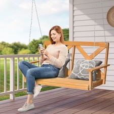 Wooden Garden Swing Bench 2-Person Porch Hanging Swing Chair Adjustable Chains