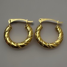 9ct 375 Yellow Gold Patterned Creole Hoop HUGGIE Earrings Round 14.6mm x 13.4mm