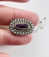 Antique Stunning Amethyst Paste & Natural Seed Pearl Silver Brooch Pin 0.8"