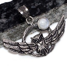 925 Silver Plated Flying Owl Rainbow Moonstone Pendant Gemstone 1.6" AU l853