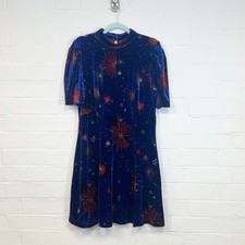 Monsoon Celestial Dress Blue Gold Red Velvet Festive Party Christmas Size L
