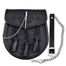Kilt Sporran Celtic Embossed Black Leather Latch PIN Detail and Chain for Kilts